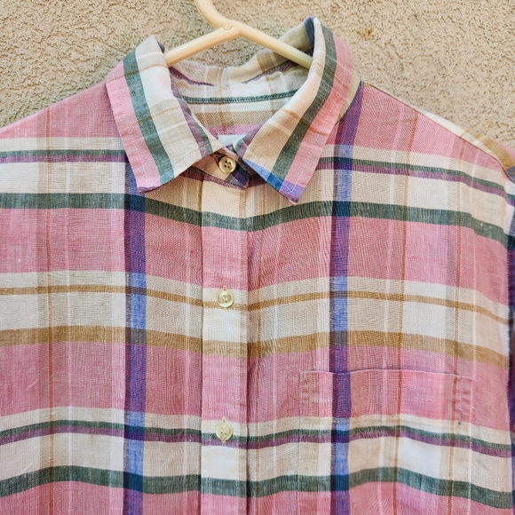 JONES NEW YORK Sport Women's Blouse Medium Plaid Pink 100% Linen Summertime - Picture 2 of 10